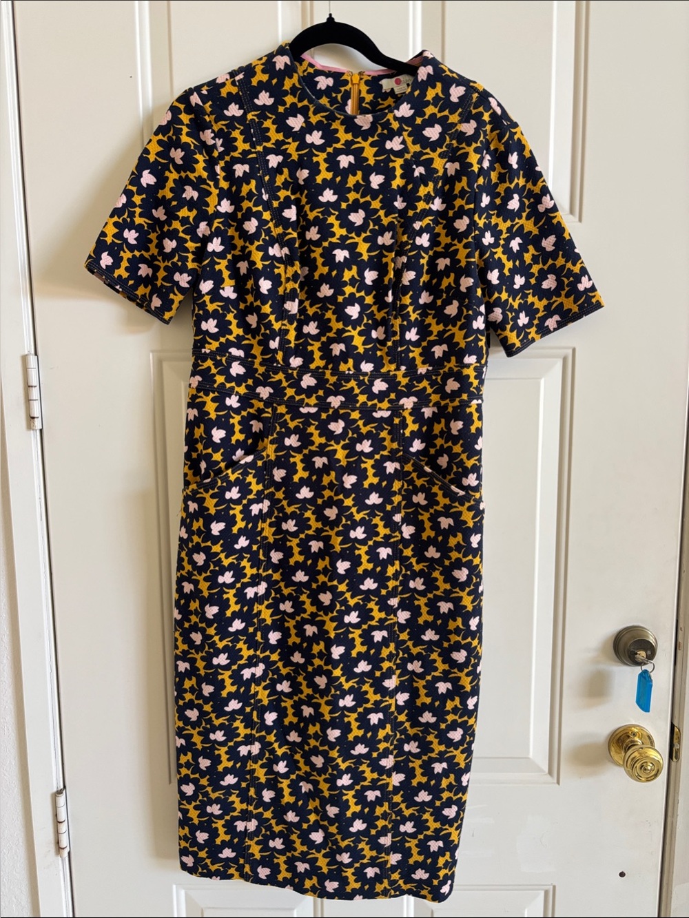 Boden Floral Midi Sheath Dress in Navy Blue, Yellow & Pink